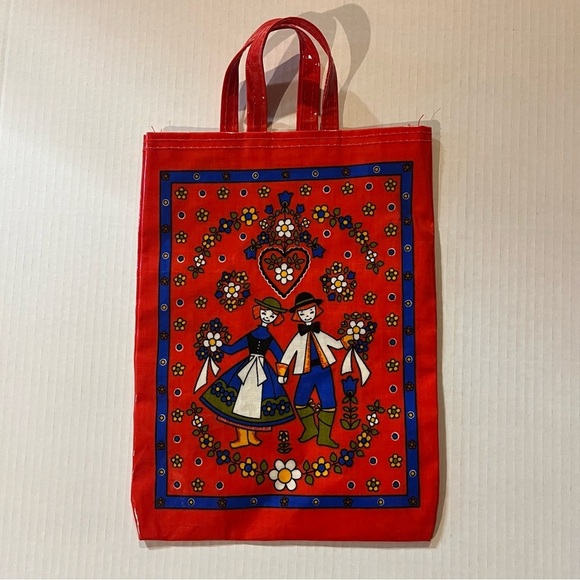 PVC Scandinavian Design Floral Hearts Tote Farmers Market Bag Small - Picture 2 of 8